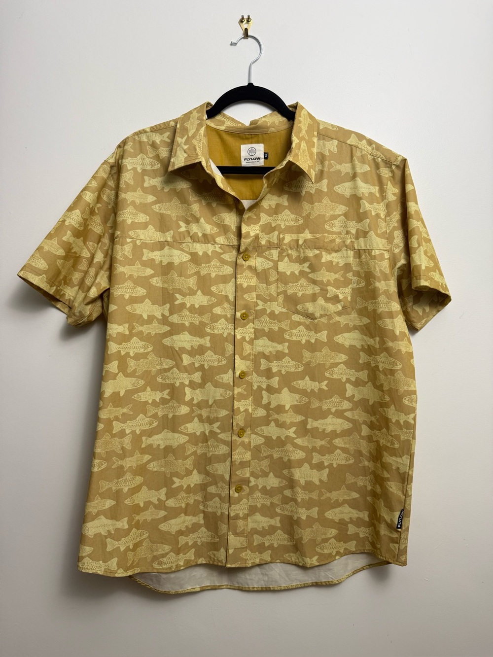 Flylow Yellow Fish-Print Short Sleeve Shirt